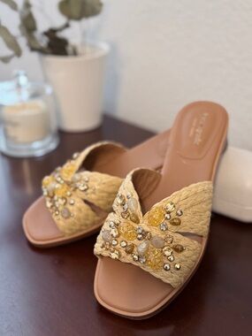 Kate Spade Natural Braided Raffia Yellow Jeweled Crystals Slide Sandals Size 7